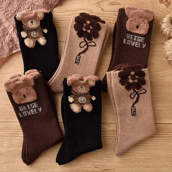 1 пара чулок с плюшевым мишкой, осенне-зимние женские чулки, Кавайные милые носки, Милые носки в корейском стиле для девочек