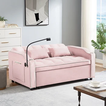 1 универсальный складной диван-кровать 3-х длин, современный диван-раскладушка из бархата с регулируемой спинкой и USB-портом розового цвета 1