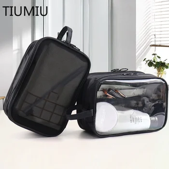1 шт. двухслойная черная сетчатая сумка для туалетных принадлежностей из ПВХ, большая вместительная сетчатая косметичка, сумка-органайзер для макияжа, сумка для путешествий на открытом воздухе