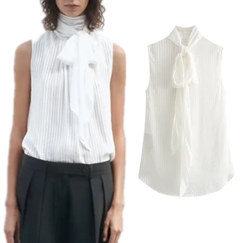 Dave & Di Французская мода, элегантная белая блузка с бантом, топы, офисная женская повседневная рубашка без рукавов, женские