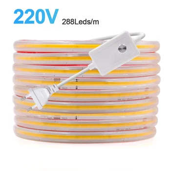 EU 220V COB LED Strip Light Прочный Клей с Переключателем Power Plug 288LEDs RA90 High Bright LED Tape Водонепроницаемая Лента с Регулируемой Яркостью