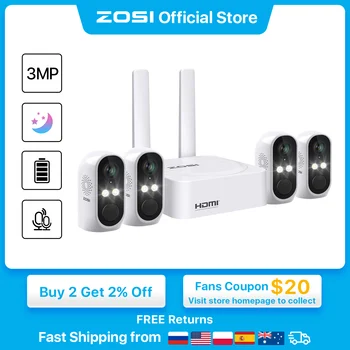 ZOSI 2K 8-канальная беспроводная система видеонаблюдения с батарейным питанием, 3-мегапиксельные наружные камеры с цветным комплектом видеонаблюдения ночного видения