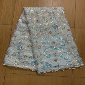 Белая африканская кружевная ткань 5 ярдов с блестками, высококачественный Французский тюль 2023 года, сетчатый материал с вышивкой для Нигерийского халата 1
