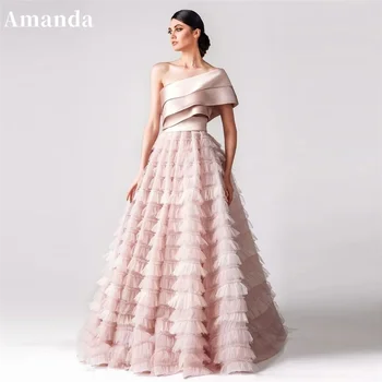 Вечернее платье трапециевидной формы Amanda Pink в складку на Одно плечо, Элегантное Вечернее платье из тюля в стиле Ампир 2024 года с завитком по краю 1