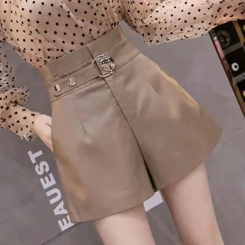 Женская одежда, модные кожаные шорты в стиле пэчворк с карманами, осенне-зимний тренд, Корейские новые однотонные брюки с высокой талией