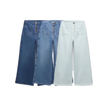 Зак АйИса, новые женские модные универсальные ретро свободные повседневные джинсы с карманами, однобортные прямые джинсы с высокой талией и широкими штанинами