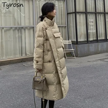 Зимнее пальто, женские парки X-Long, Дизайнерский воротник-стойка, утепленная Теплая Корейская уличная одежда, Роскошная Ветрозащитная мода, Асимметричная