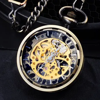 Карманные часы с брелоком, модные механические часы с мужским скелетоном, серебристый корпус, цепочка из нержавеющей стали, прозрачная задняя крышка.