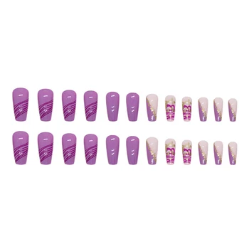 Квадратные накладные ногти Purple Lines Очаровательные удобные ногти для ежедневного ношения