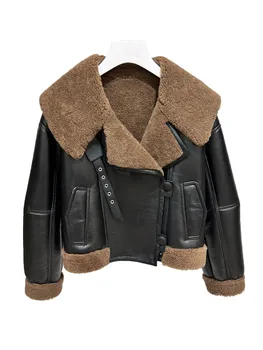 Кожаная куртка с лацканами, короткая, свободного покроя, однотонный дизайн на молнии, теплая и удобная, новинка зимы 2023, 1123