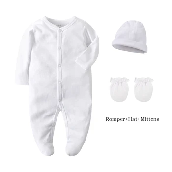 Комплект детской одежды из муслина, 3 предмета, комбинезон для маленьких девочек + Шапка + варежки, чистый белый комбинезон, однотонный комбинезон, подарочный набор для новорожденных 1
