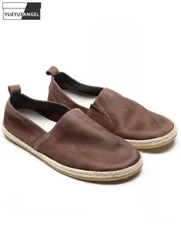 Летние Мужские повседневные соломенные туфли из натуральной кожи, дышащие лоферы без застежки, винтажная высококачественная обувь для рыбаков из коровьей кожи.