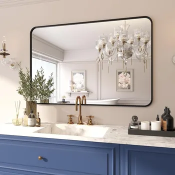 Матовое черное настенное зеркало для ванной комнаты Зеркала для макияжа Настенное туалетное зеркало для ванной комнаты над раковиной Вертикальный / Горизонтальный душ 1