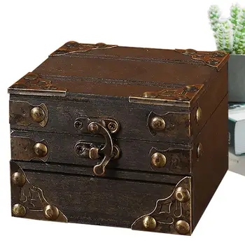 Мини-деревянная коробка для хранения Европейская деревянная коробка для хранения Винтажная шкатулка с замком для сокровищ Деревянная шкатулка для ювелирных изделий Подарочная коробка для бус милые коробочки