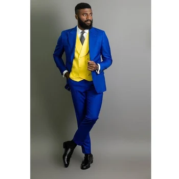 Модные Мужские костюмы Блейзер Terno, Синяя куртка, Брюки, Желтый Жилет, 3 предмета, Элегантный Приталенный Костюм Hombres Trajes De Hombre