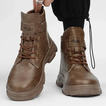 Скидка Мужские коричневые ботинки с высоким берцем в стиле ретро, осень-зима, модная нескользящая удобная обувь на плоской подошве, спортивная и повседневная обувь на открытом воздухе > Туфли < Mir-kp.ru 11