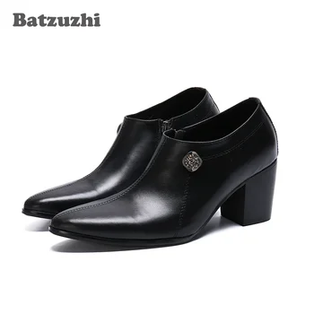 Мужские ботинки Batzuzhi На высоком каблуке 7,5 см, Черные Ботильоны из натуральной кожи с острым носком, Мужская обувь для вечеринок и свадьбы, Zapatos Hombre