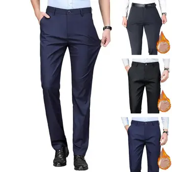 Мужские деловые брюки, прямые штанины, против морщин, Одноцветное изделие, средняя талия, утолщенные плюшевые эластичные карманы, Мужские офисные брюки для костюмов, Брюки