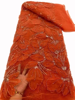 Новая 3D аппликация из бисера, сетчатая ткань с блестками, африканские модные бусины, ткань для свадебного платья / 5 ярдов