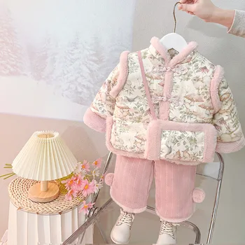 Новая зимняя одежда для маленьких девочек, комплекты пальто + штаны, детская одежда Hanfu в китайском стиле плюс одежда с бархатной подкладкой, рождественский костюм 1