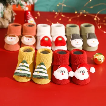 Осенне-зимние шерстяные рождественские носки с утолщением в виде круга, нескользящие детские носки в пол, мультяшный рисунок для новорожденных детей