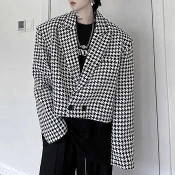 Продвинутые мужские блейзеры в клетку с лацканами, пиджак с длинным рукавом, уличная одежда на пуговицах, Корейские стильные повседневные пальто свободного покроя.