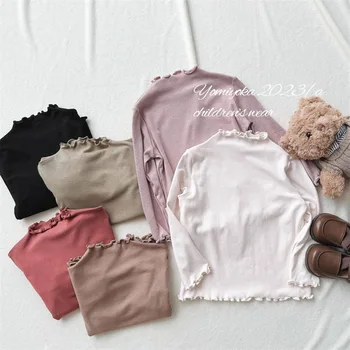Простые осенние рубашки для маленьких девочек, белые, черные, фиолетовые эластичные майки с изогнутой каймой, повседневные детские топы, тройники