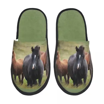 Пушистые тапочки с лошадками, плюшевые тапочки с открытым носком, зимняя домашняя обувь