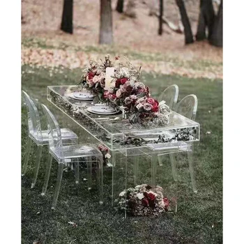 Свадебные прямоугольные обеденные столы из прозрачного акрила для свадебных вечеринок