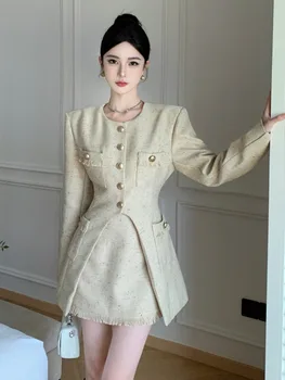 Хай-Стрит Французский Маленький ароматный комплект из двух предметов для женщин, модное пальто с длинным рукавом + юбка с кисточками на высокой талии, наряды из 2 предметов