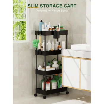 LEHOM Slim Rolling Storage Cart - 4 яруса стеллажей для ванной комнаты, спальни, офиса, прачечной, небольших узких помещений Черный 2