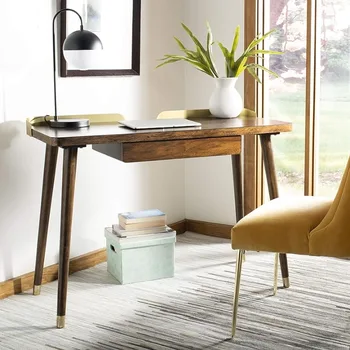 Safavieh Home Office Parker Современный письменный стол из орехового дерева и золота с 1 ящиком, Столы для домашнего офиса 2
