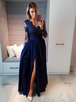 Vkiss Navy Blue Prom Dress A-line Chiffon Floor Length Split Long Sleeves V-neck Applique Evening Dress платья на новый год2021 2