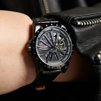 Бренд OBLVLO, Черные часы со скелетом, Автоматические Механические часы для мужчин, Спортивные часы, Повседневные Светящиеся часы из натуральной кожи RMS-U 2