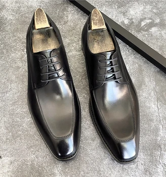 Весенне-осенние новые мужские деловые туфли-дерби из натуральной кожи с квадратным носком на шнуровке 2