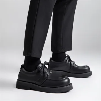 Высококачественная мужская повседневная обувь из водонепроницаемой кожи на платформе с большим носком, черные винтажные мужские модельные туфли на шнуровке, Деловые официальные оксфорды 2