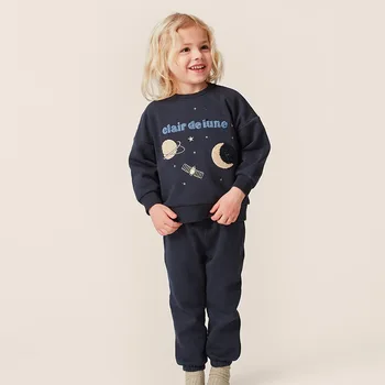 Зимний новый комплект детской одежды Ks Для детей, толстовка с капюшоном, одежда с динозаврами, блестками, милые топы и брюки с принтом для девочек, костюм 2