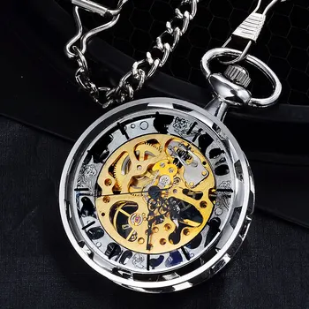 Карманные часы с брелоком, модные механические часы с мужским скелетоном, серебристый корпус, цепочка из нержавеющей стали, прозрачная задняя крышка. 2