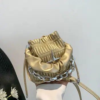 Однотонные сумки-ведра Модная сумка на шнурке с цепочкой, мини-сумка из искусственной кожи, плиссированная мужская сумка 2