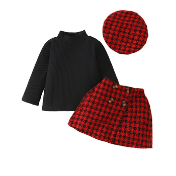 Осенне-зимние наряды для маленьких девочек, топы с имитацией шеи с длинным рукавом, юбка в клетку со шляпой, комплект милой одежды из 3 шт. 2