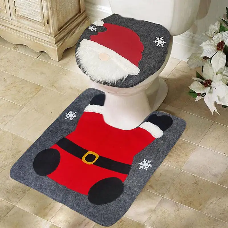 наборы рождественских ковриков для ванной из 2 предметов, U-образный коврик для туалета Санта, накладка для крышки унитаза и многое другое - идеально подходят для рождественского декора Изображение 3