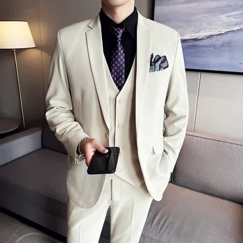 2023, изысканный джентльмен (костюм + жилет + брюки), новый модный красивый трендовый комплект из трех предметов для британской вечеринки 1