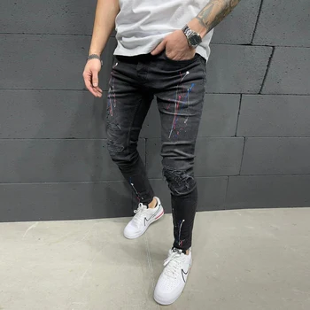 2023 новая мужская одежда, мужские черные рваные джинсы, повседневные молодежные узкие брюки в стиле хип-хоп, байкерские брюки для бега трусцой, мужские узкие джинсовые брюки 1