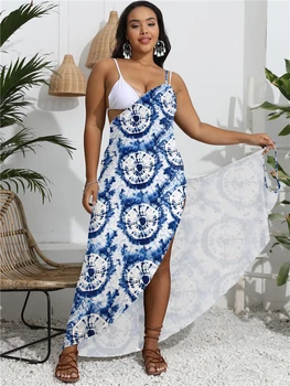 3 цвета Летнее солнцезащитное платье в стиле бохо, уличная одежда больших размеров, синяя пляжная накидка без рукавов, большие размеры, купальник большого размера, 3XL 4XL 1