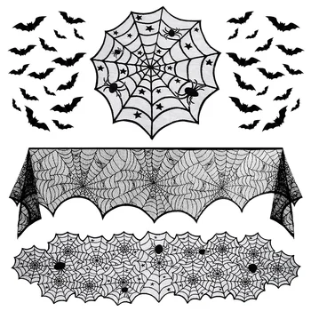 Hemoton, Кружевная Скатерть на Хэллоуин, Каминный шарф, Настольная дорожка из паутины, Каминная накидка с наклейками с летучей мышью для Хэллоуина