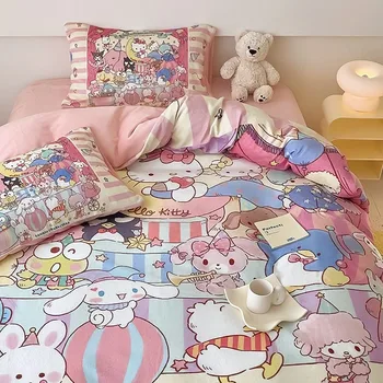 Sanrio Hello Kitty Kuromi Мультяшный Утолщенный Молочный Бархатный Комплект из Трех предметов, Осенне-Зимнее Теплое Стеганое Одеяло, Простыня, Комплект Постельных Принадлежностей 1