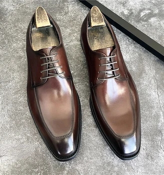 Весенне-осенние новые мужские деловые туфли-дерби из натуральной кожи с квадратным носком на шнуровке 1