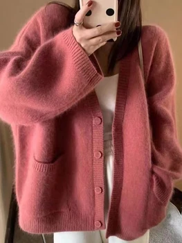 Женские Кардиганы, Осенне-зимний вязаный свитер, женский Повседневный однобортный джемпер Оверсайз, женское трикотажное пальто в корейском стиле 1