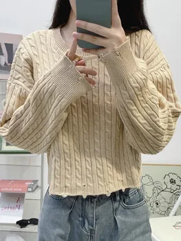 Женский Твист-свитер с длинным рукавом и круглым вырезом, Однотонный Повседневный вязаный пуловер 1