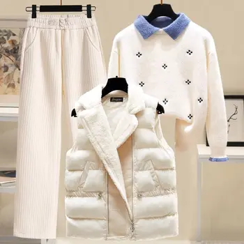 Женский теплый утепленный брючный костюм, жилет, куртка, пальто, свитер + брюки, комплект из трех предметов, верхняя одежда, женская зимняя снежно-холодная одежда 1